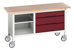 16923213.** verso mobile storage bench (mpx) with mid shelf / 3 drawer cab. WxDxH: 1500x600x830mm. RAL 7035/5010 or selected
